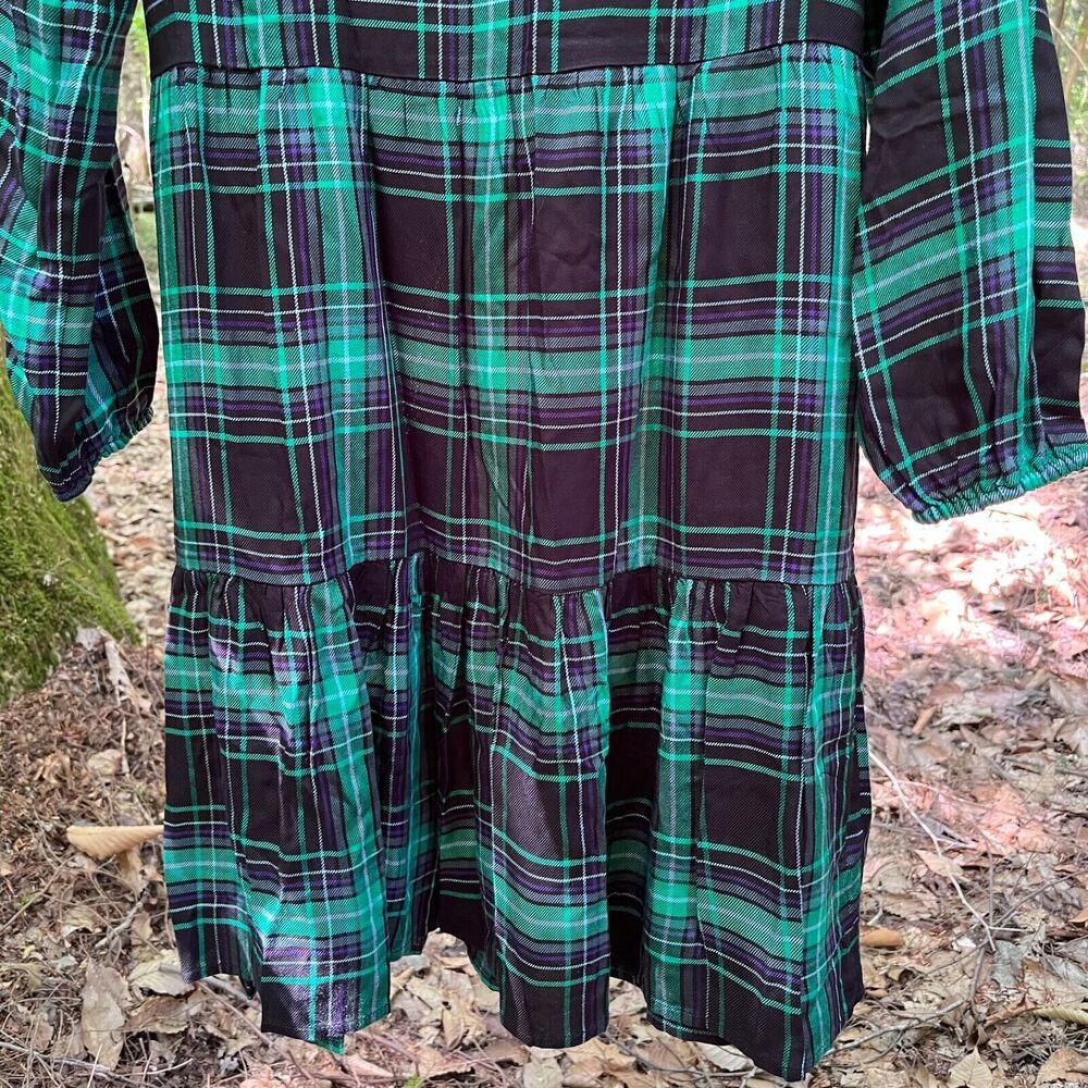 LOFT Tartan Plaid Puff Sleeve Tiered Dress Womens XS Green Blue Modern Grunge - Picture 6 of 12
